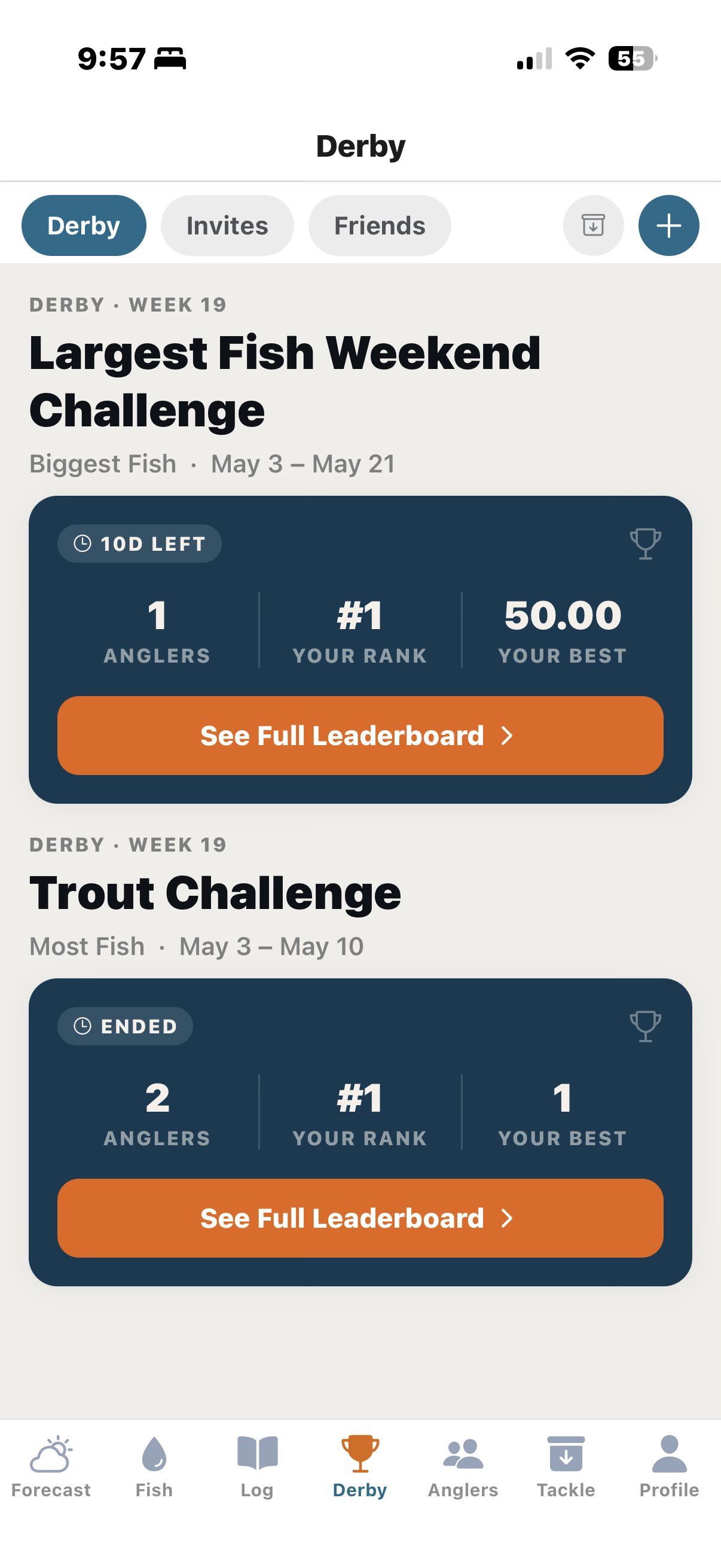 TackleIQ Derby screen showing a Largest Fish Weekend Challenge leaderboard