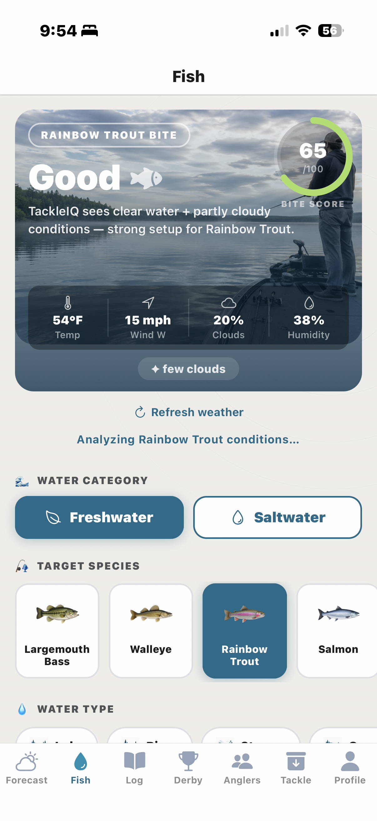 TackleIQ Fish screen showing a Rainbow Trout bite score of 65 out of 100 with live conditions