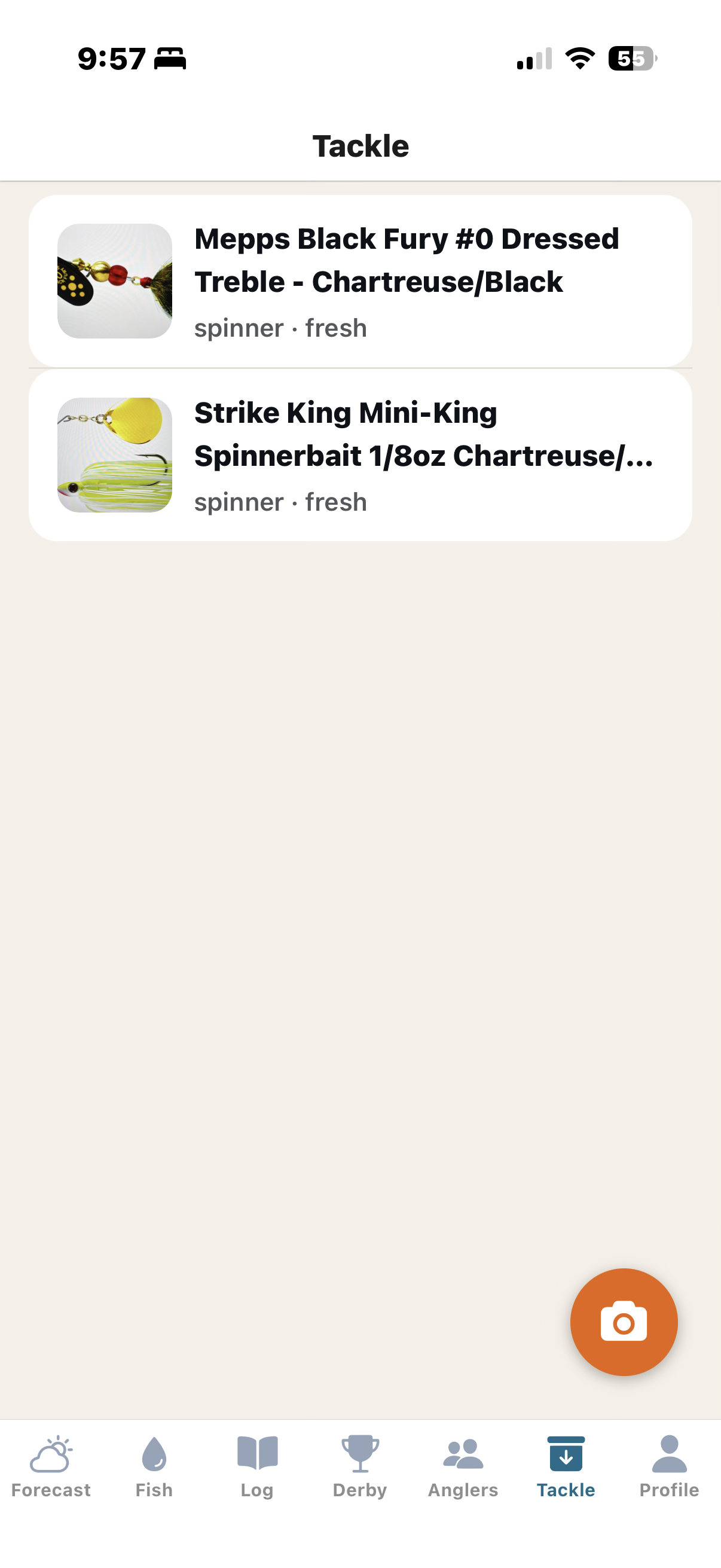TackleIQ Tackle screen listing scanned lures including a Mepps spinner and Strike King spinnerbait